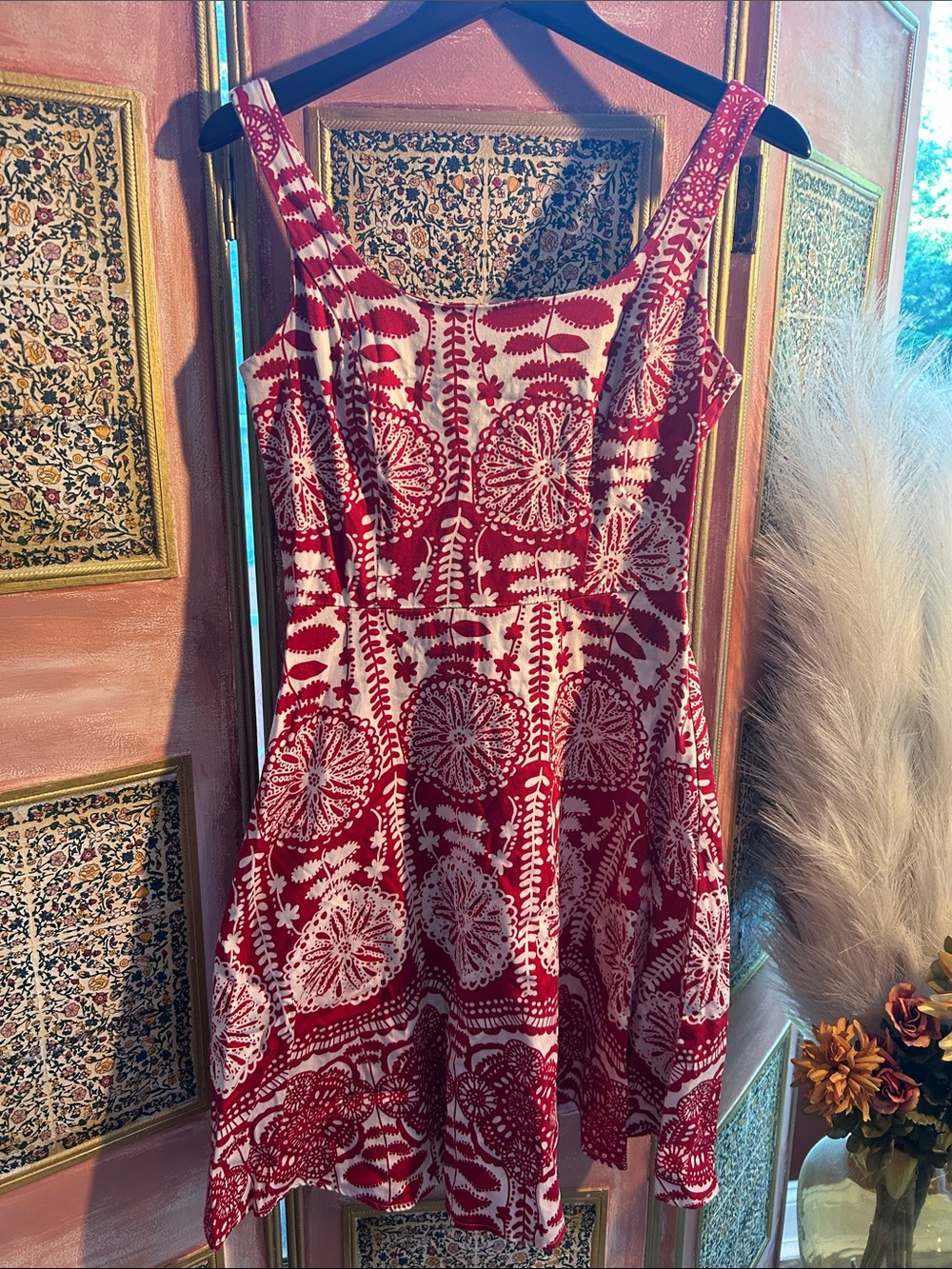 Red & White Printed Sleeveless Mini Dress